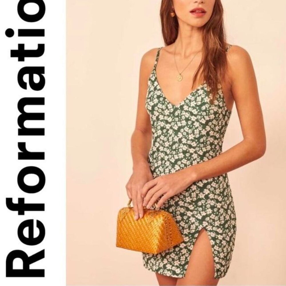 Reformation Green Slip Mini Dress with Spaghetti Straps